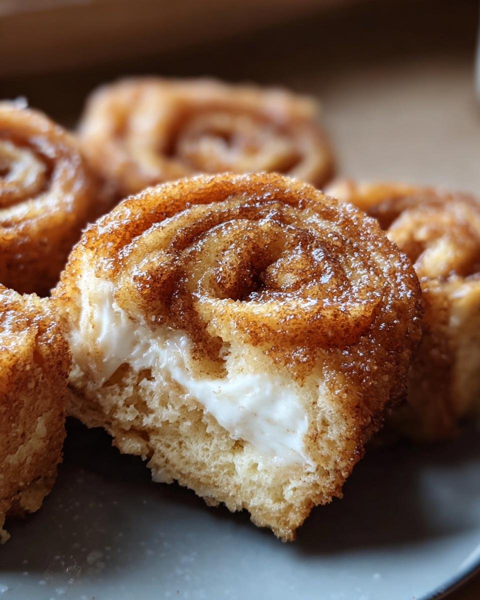 A close-up of Crispy Keto Cinnamon Cream Cheese Roll Ups, showcasing the creamy filling and cinnamon topping.