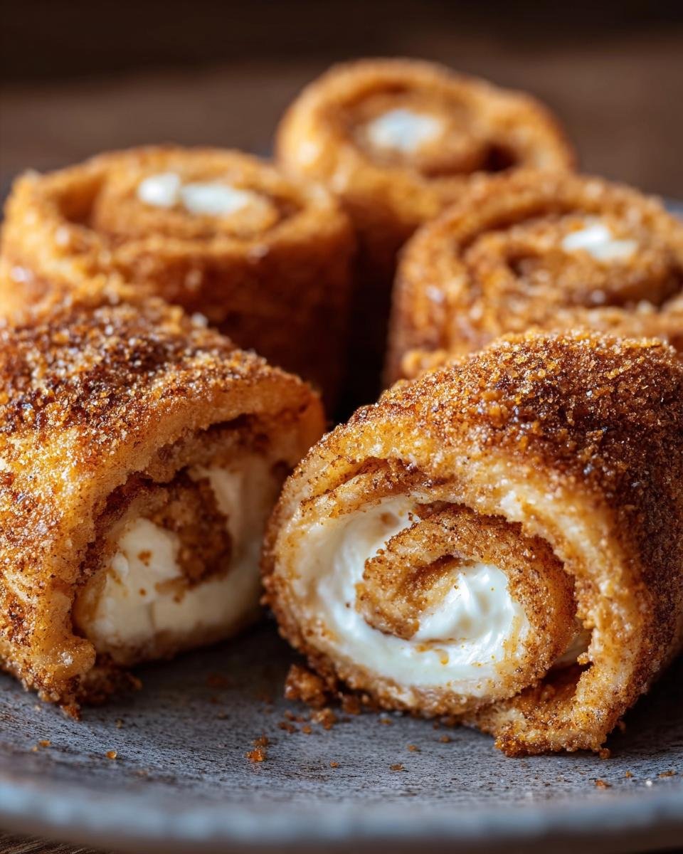 Close-up of Crispy Keto Cinnamon Cream Cheese Roll Ups showing the creamy filling and cinnamon coating.