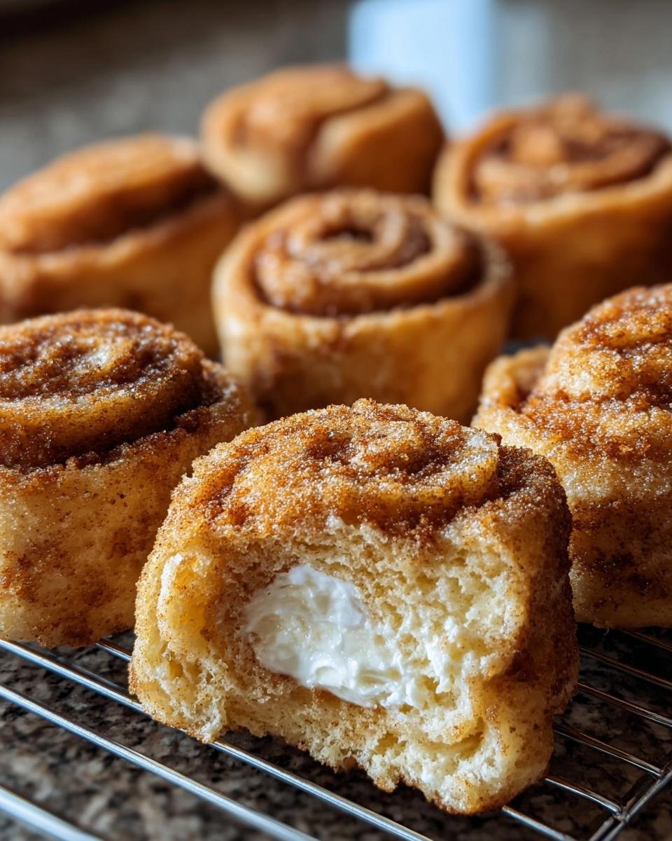 Close-up of Crispy Keto Cinnamon Cream Cheese Roll Ups, one with a bite showing the cream cheese filling.