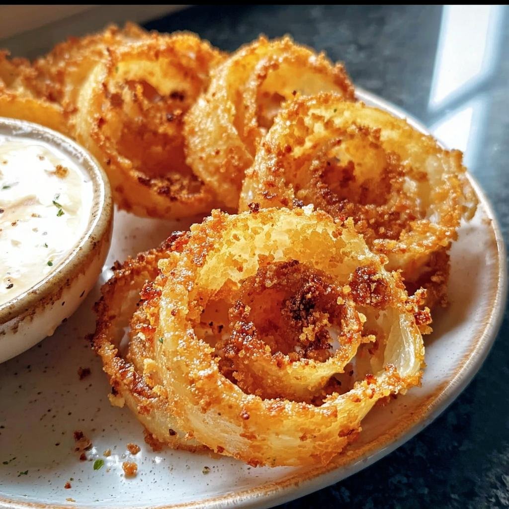 A plate of golden Crispy Keto Onion Rings served with a creamy dipping sauce.