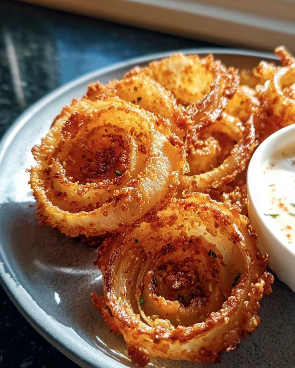 Close-up of golden Crispy Keto Onion Rings served on a plate with a creamy dipping sauce.