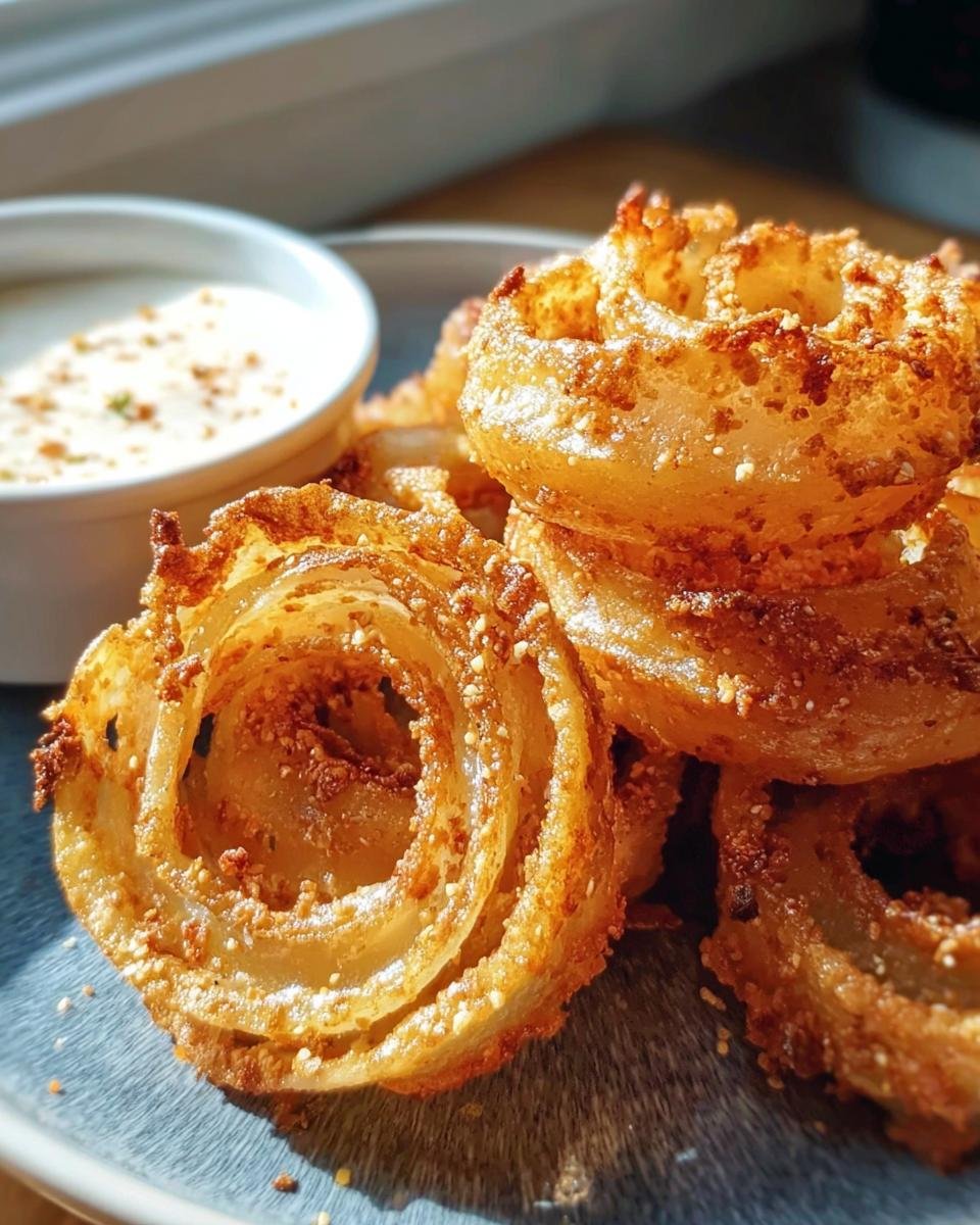 A stack of golden Crispy Keto Onion Rings served with a creamy dipping sauce on a blue plate.