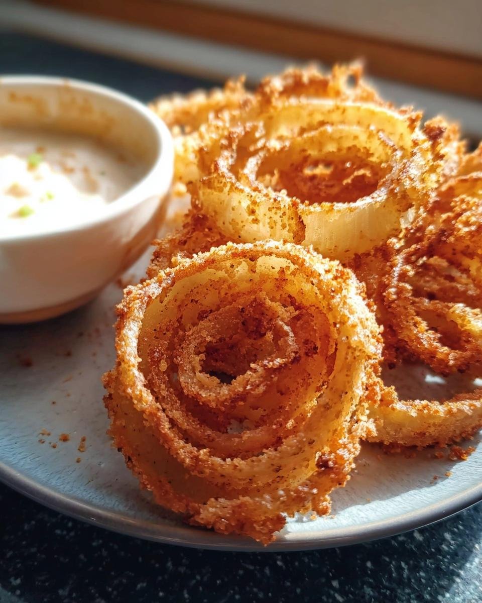 Close-up of Crispy Keto Onion Rings served with a creamy dipping sauce on a plate.