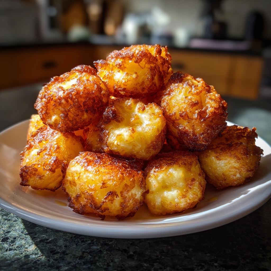 A stack of golden brown Crispy Mashed Potato Cheese Puffs on a white plate, ready to eat.