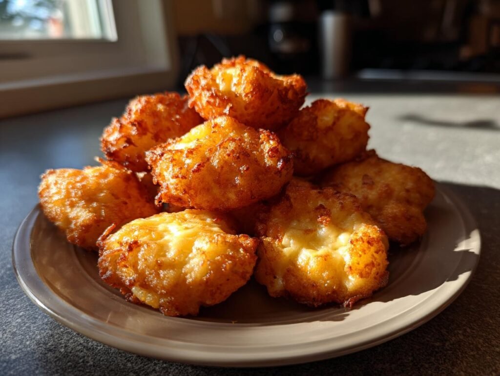 A plate of golden brown Crispy Mashed Potato Cheese Puffs, perfect as a side dish or appetizer.