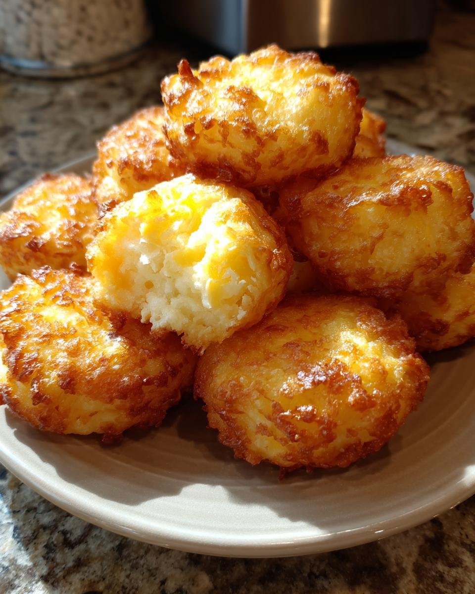 A stack of golden Crispy Mashed Potato Cheese Puffs on a plate, one with a bite taken out to show the fluffy interior.