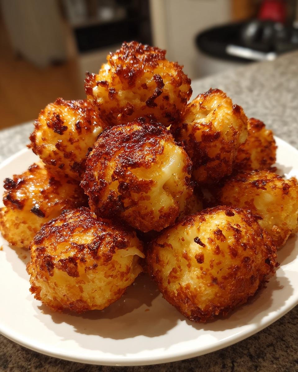 A stack of golden brown Crispy Mashed Potato Cheese Puffs on a white plate.