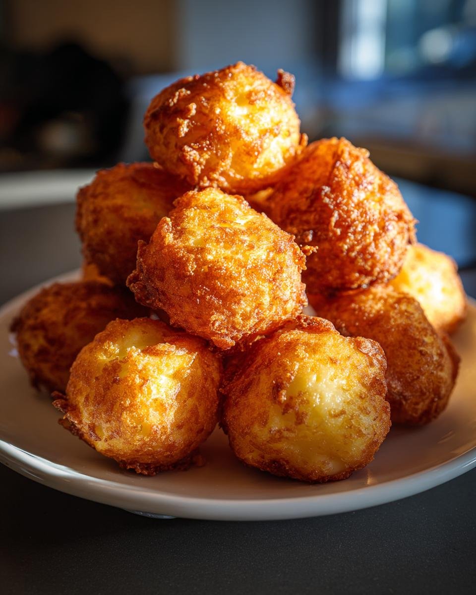 A stack of golden brown Crispy Mashed Potato Cheese Puffs on a white plate.