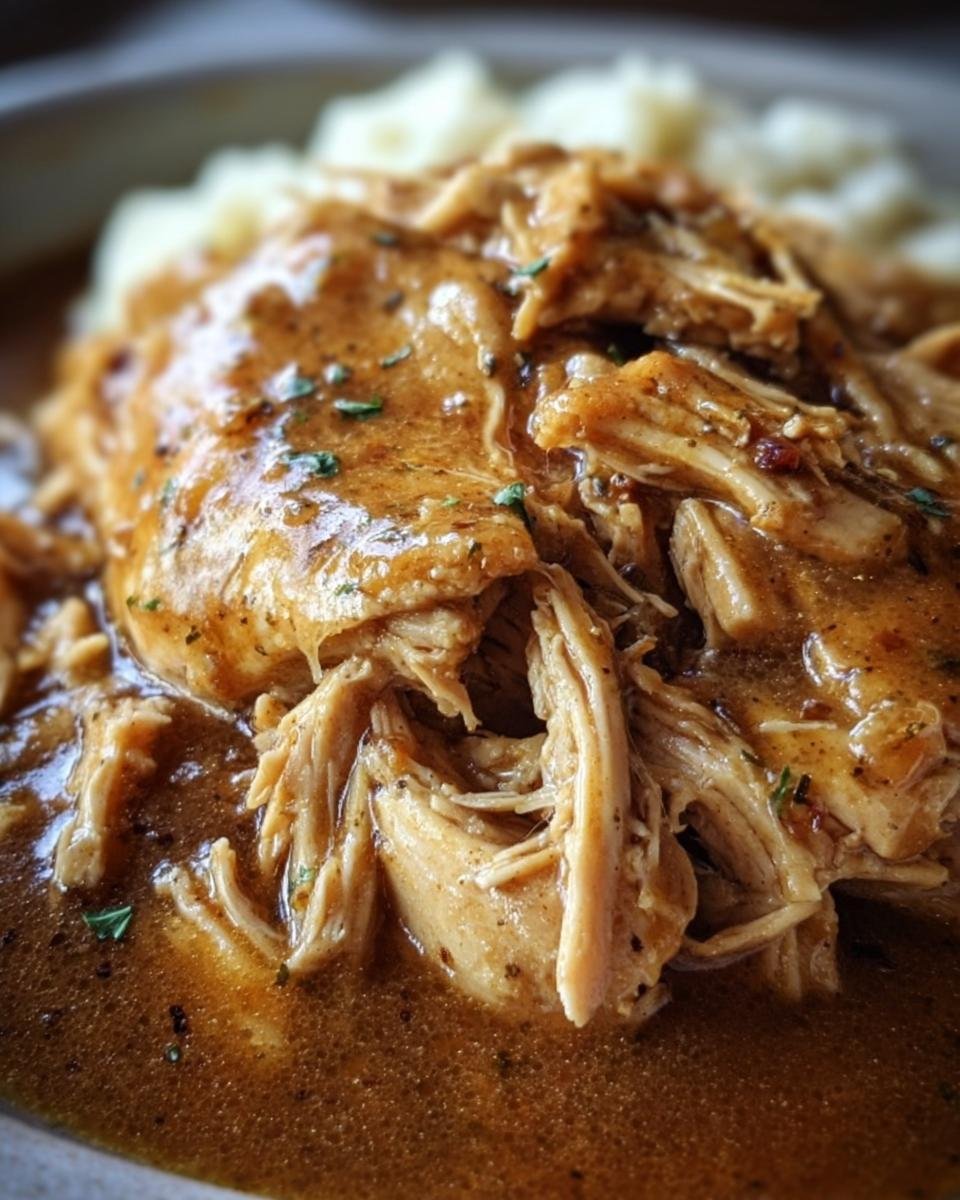 Close-up of Crockpot Chicken and Gravy served over mashed potatoes, garnished with herbs.