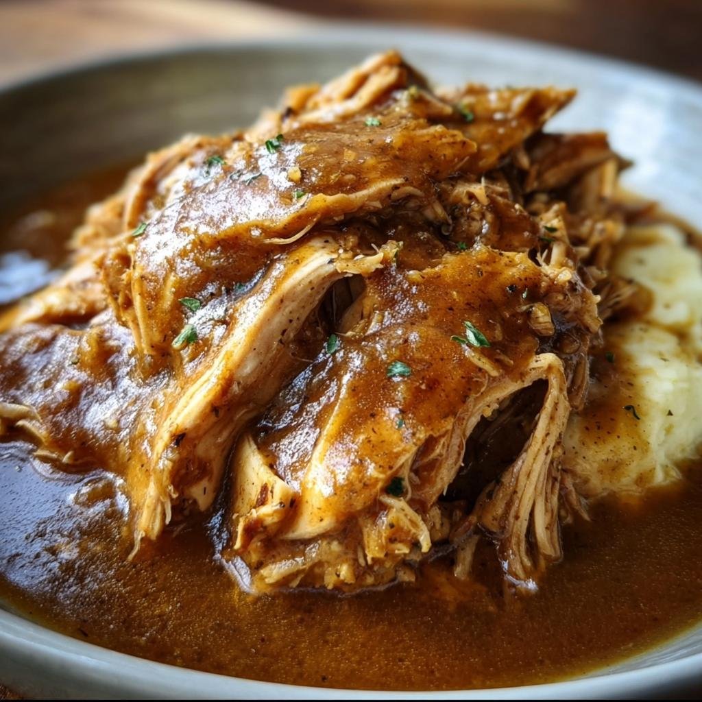 A serving of Crockpot Chicken and Gravy over mashed potatoes, garnished with herbs.