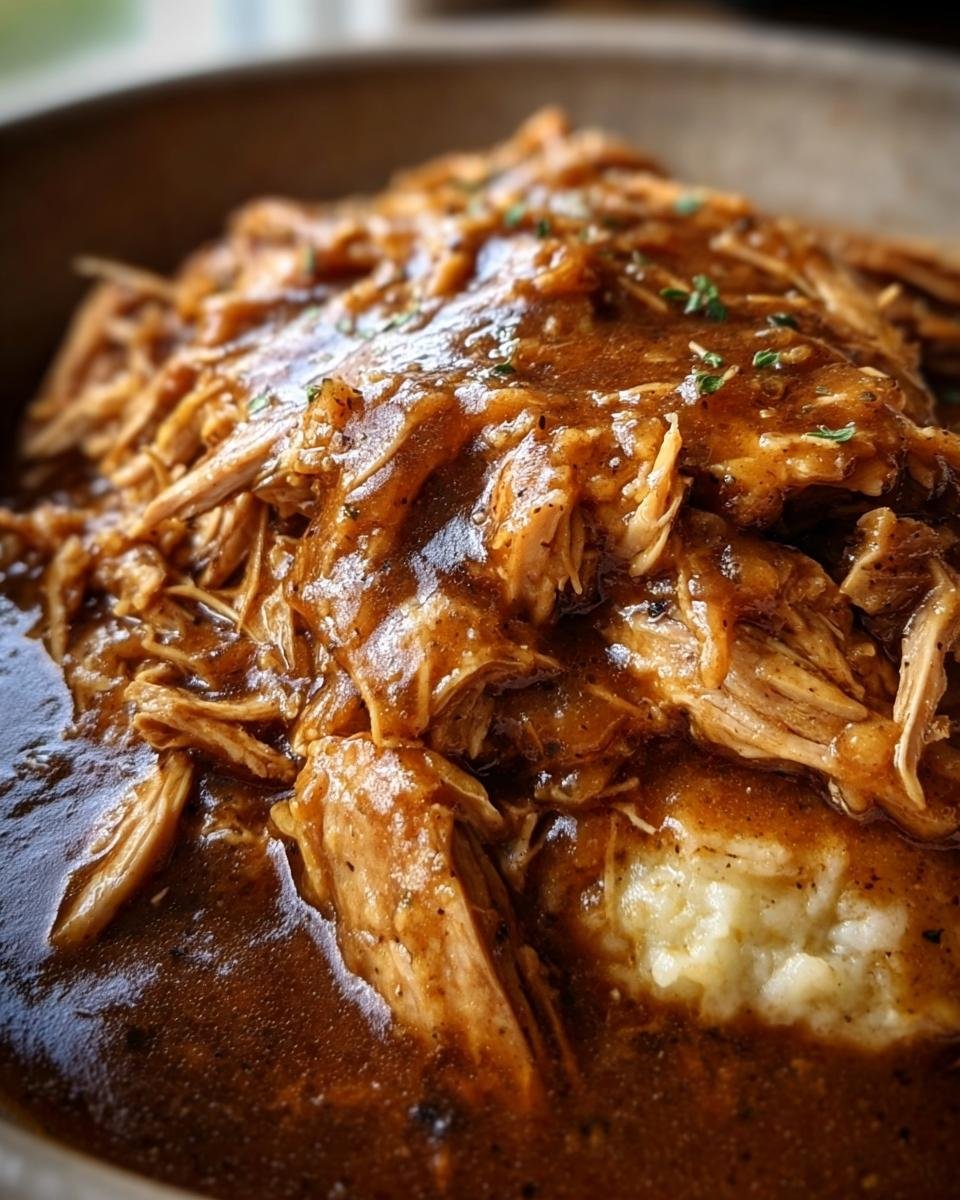 Close-up of Crockpot Chicken and Gravy served over mashed potatoes, garnished with herbs.
