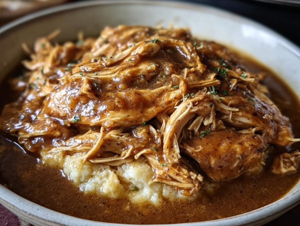 Bowl of creamy mashed potatoes topped with shredded Crockpot Chicken and Gravy, garnished with herbs.
