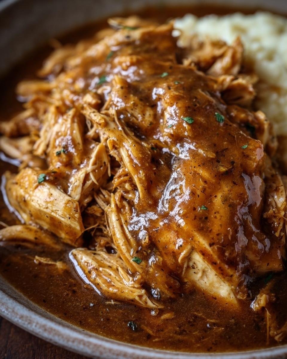 A serving of Crockpot Chicken and Gravy, featuring shredded chicken smothered in rich gravy, served with rice.