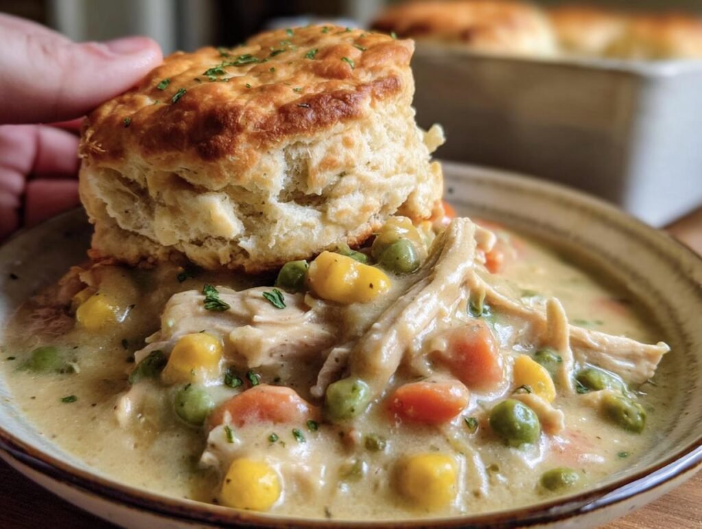 A bowl of creamy Crockpot Chicken Pot Pie topped with a golden biscuit, garnished with parsley.