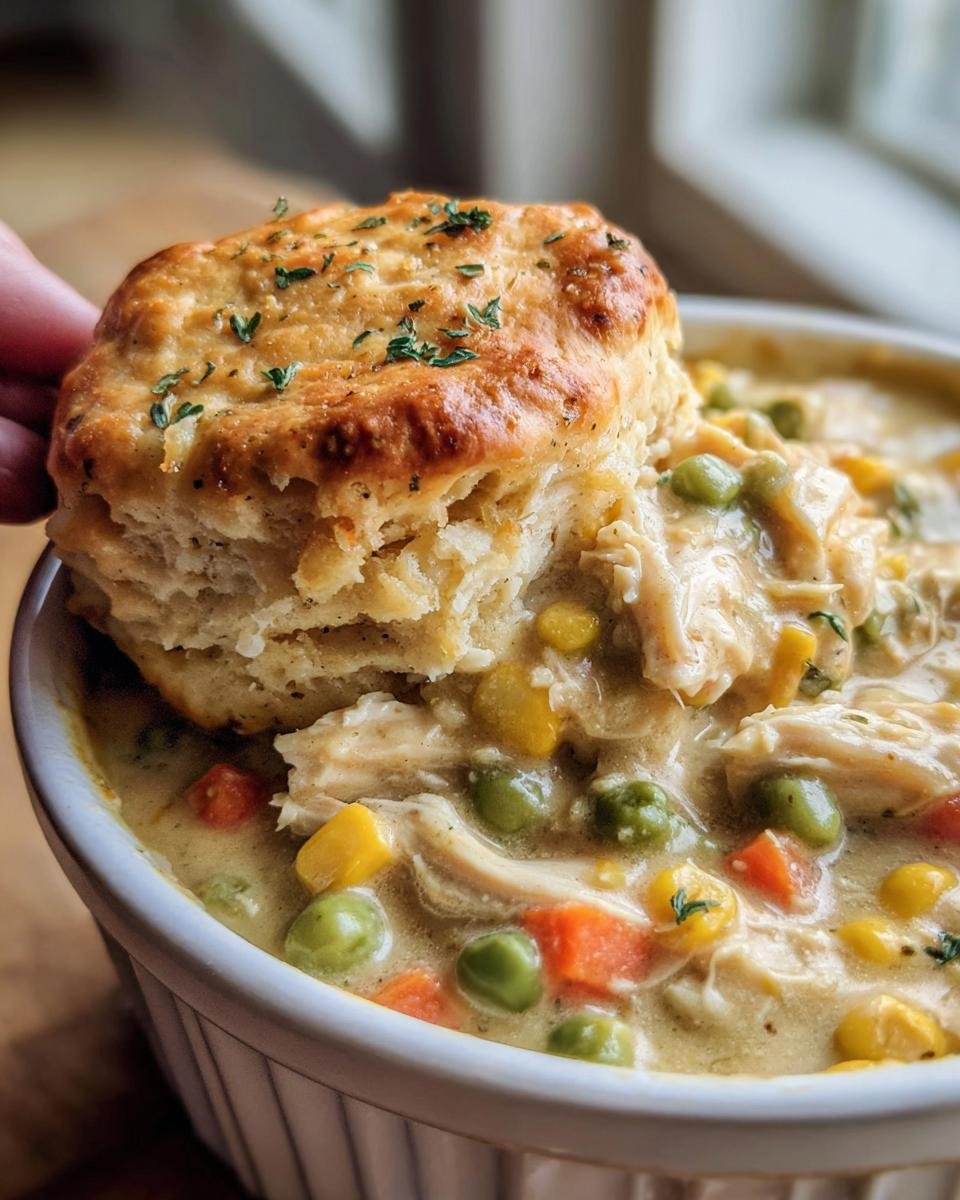 Close-up of Crockpot Chicken Pot Pie in a bowl, topped with a golden biscuit and garnished with herbs.