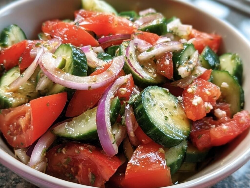 Close-up of a Cucumber Tomato Onion Salad in a bowl, featuring vibrant red tomatoes, green cucumbers, and purple onions.