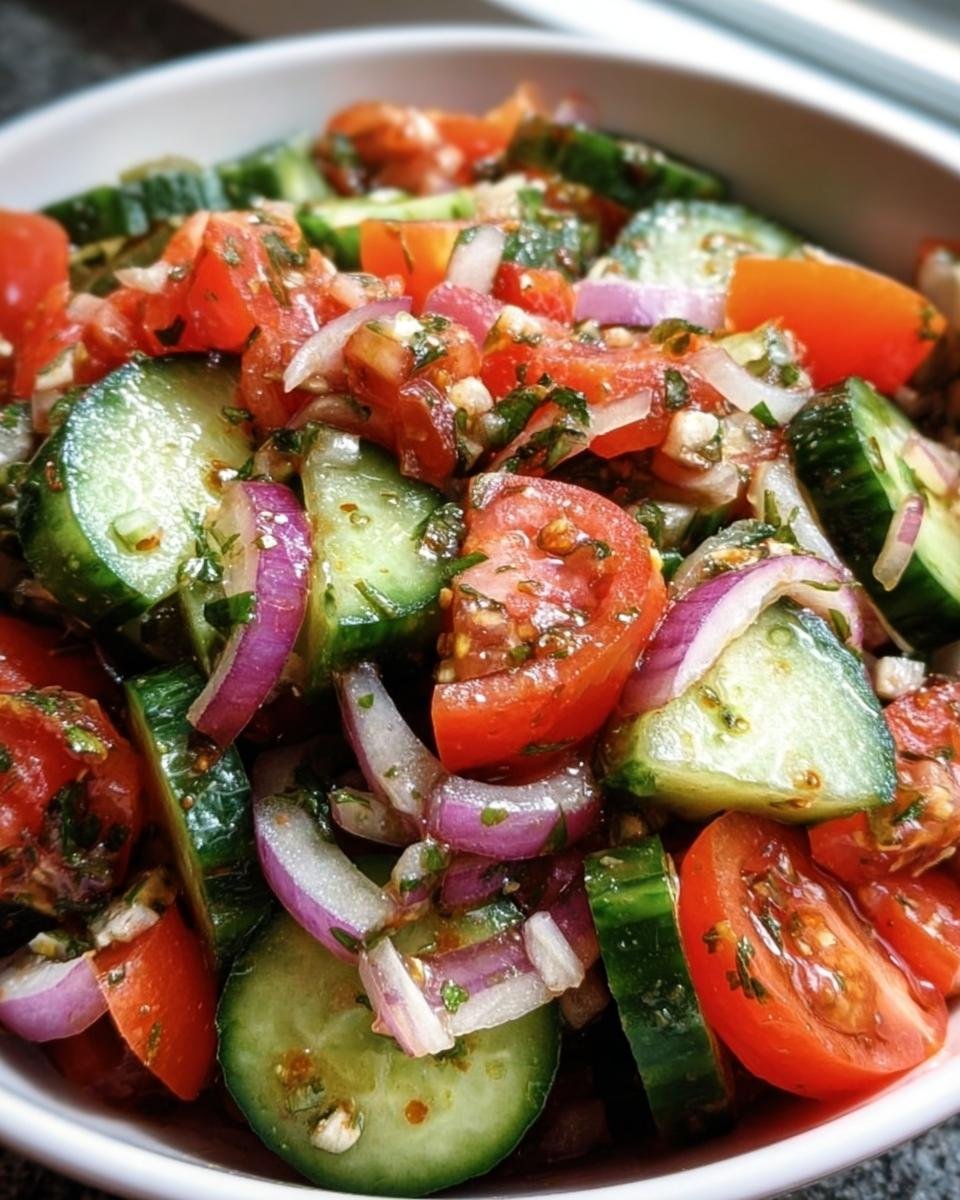 Close-up of Cucumber Tomato Onion Salad in a white bowl, showing fresh ingredients and vibrant colors.