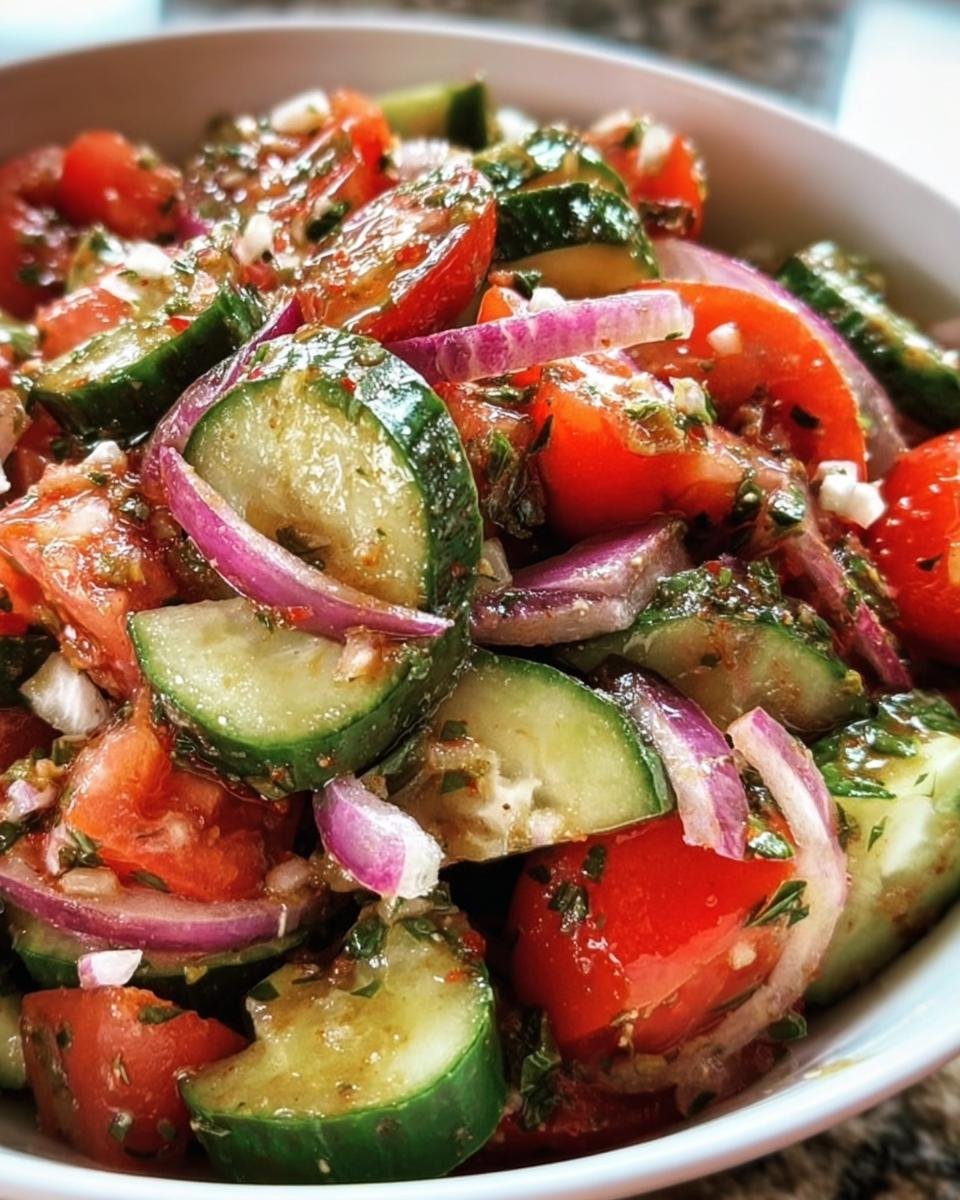 Close-up of Cucumber Tomato Onion Salad in a white bowl, showing fresh ingredients and dressing.
