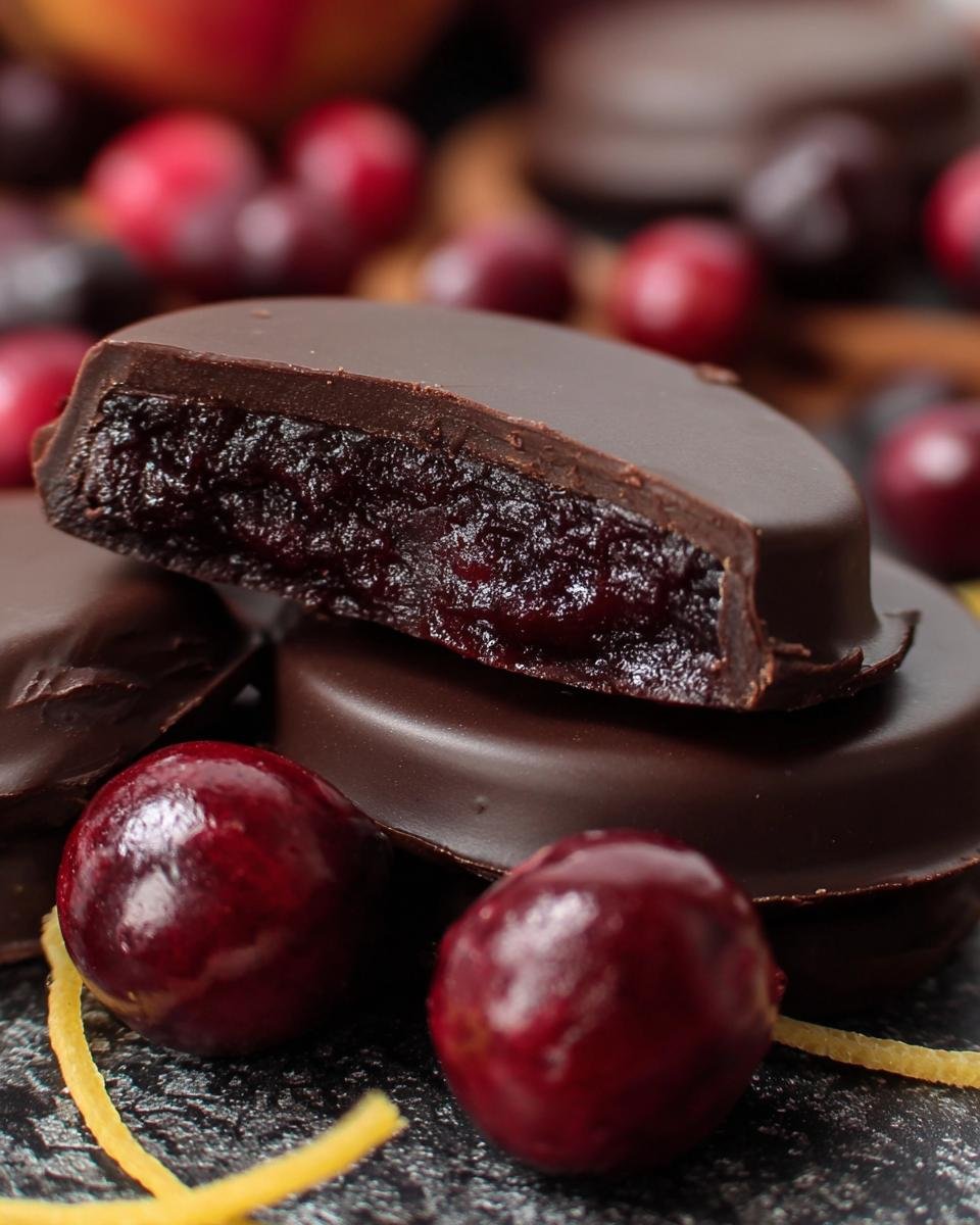 A close-up of a Dark Chocolate Covered Cranberry showing the cranberry filling and chocolate shell.