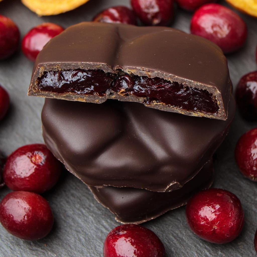 A stack of dark chocolate covered cranberry candies, one broken open to show the cranberry filling.
