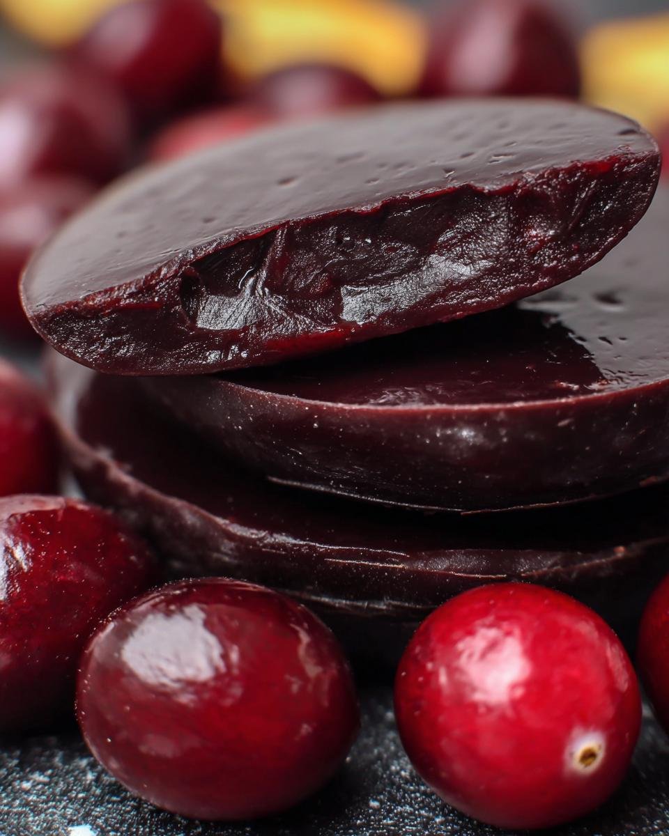 A stack of homemade Dark Chocolate Covered Cranberry discs, surrounded by fresh cranberries.