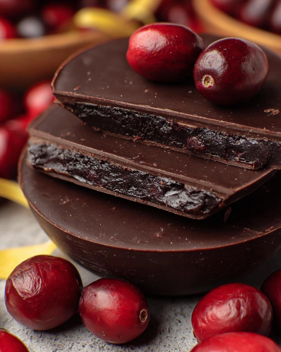 A stack of dark chocolate covered cranberry treats, one cut in half to show the cranberry filling.