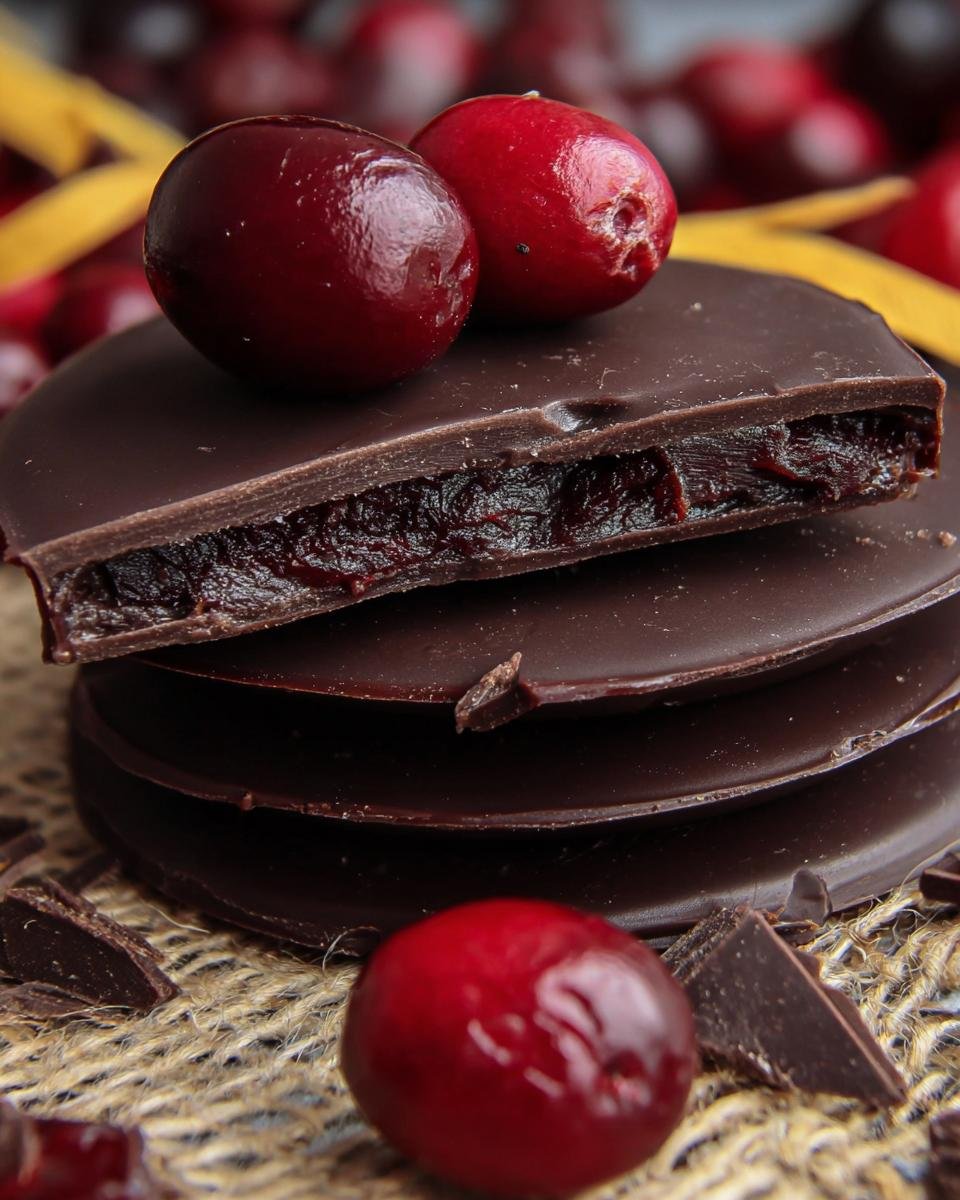 A stack of dark chocolate covered cranberry treats, with fresh cranberries on top.
