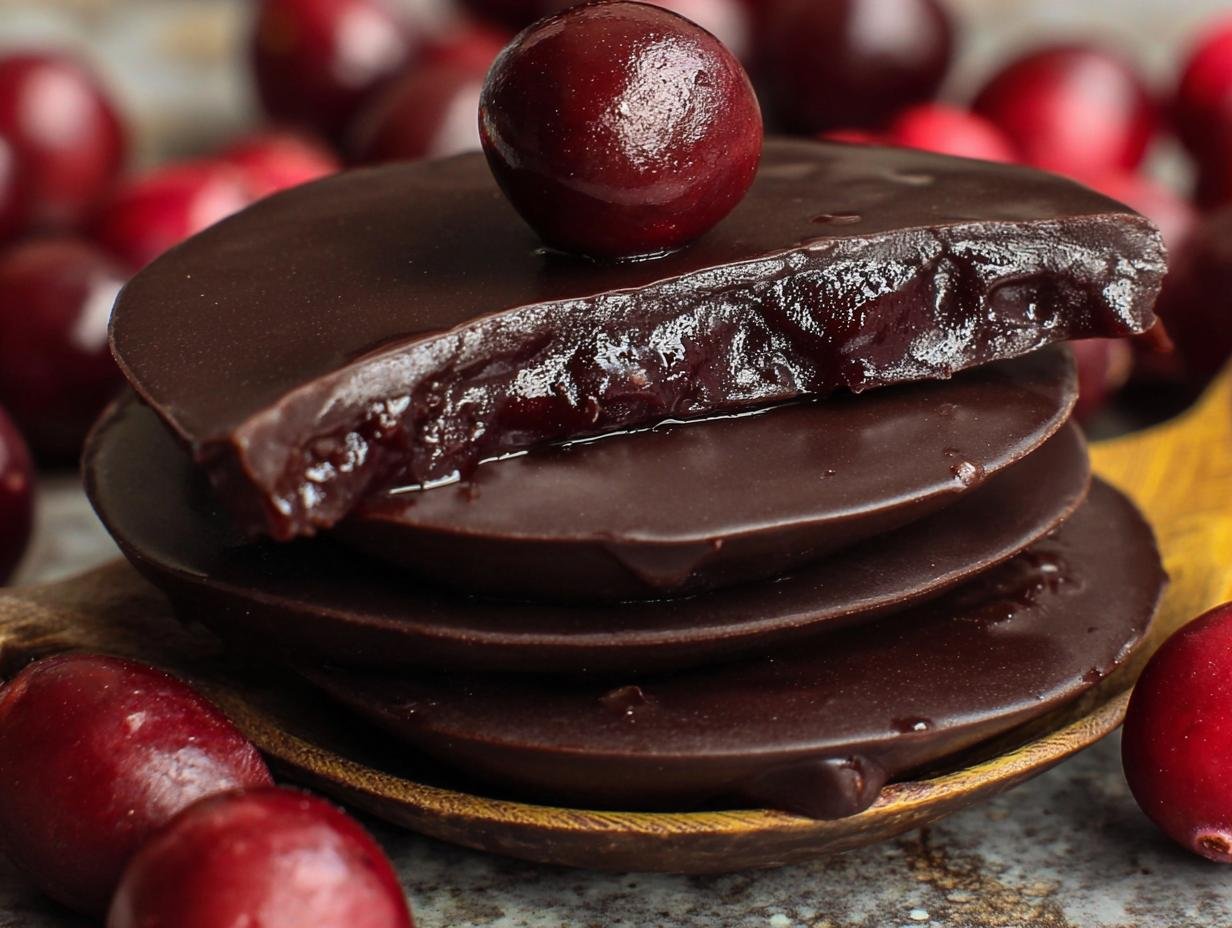 A stack of homemade Dark Chocolate Covered Cranberry treats, one with a bite taken out to show the cranberry filling.