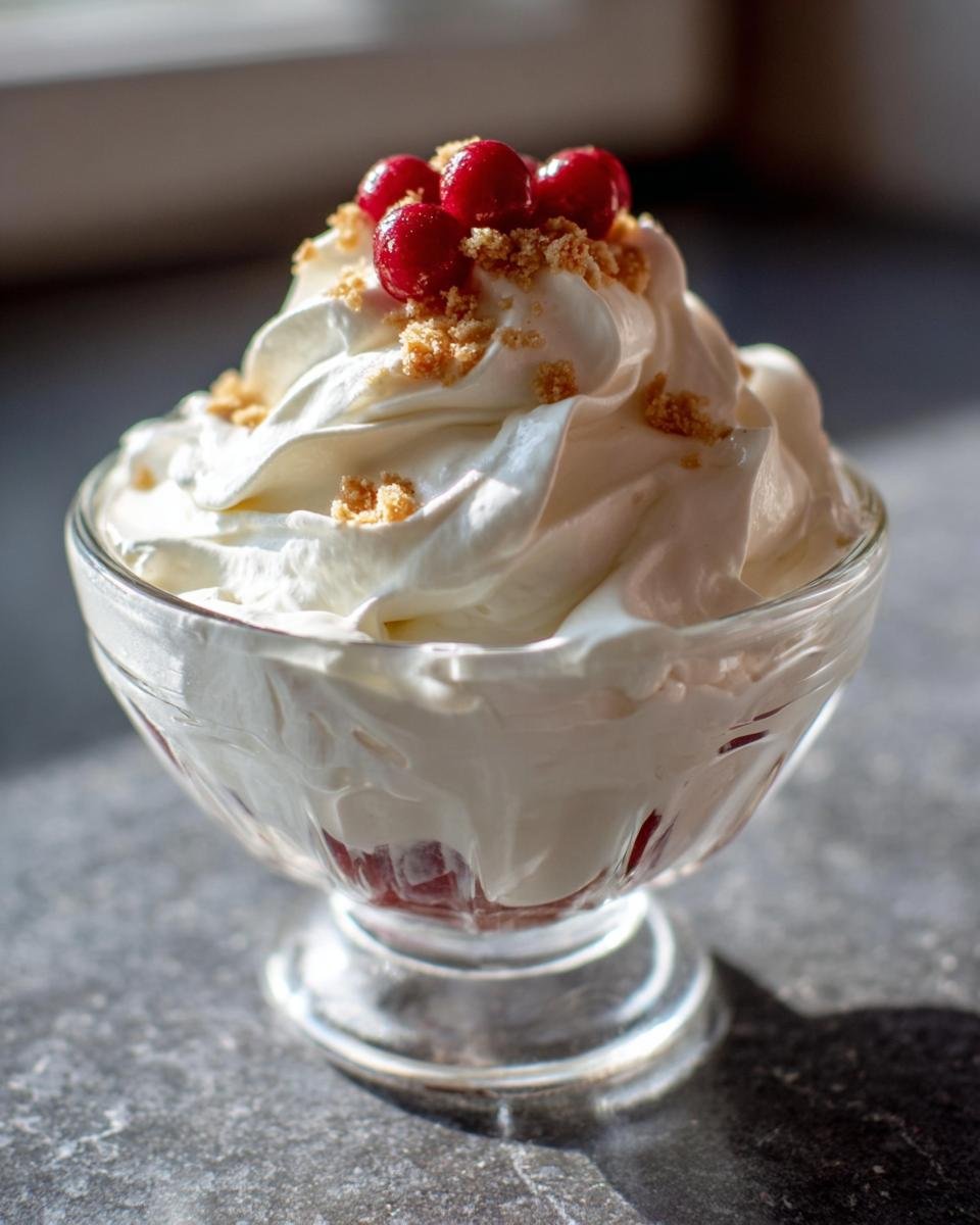 A glass dish filled with Easy Cheesecake Fluff, topped with red berries and graham cracker crumbs.