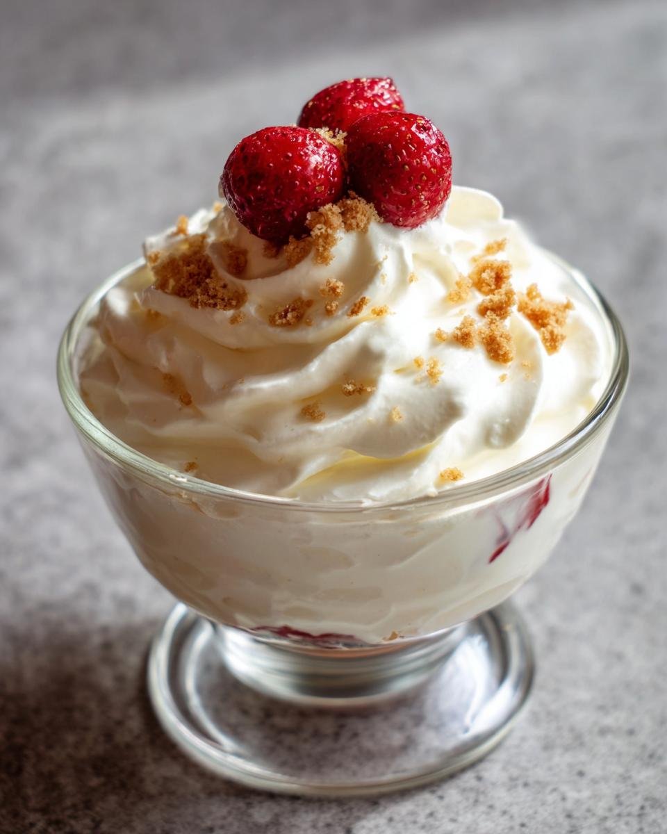 A glass bowl filled with Easy Cheesecake Fluff, topped with whipped cream, strawberries, and graham cracker crumbs.