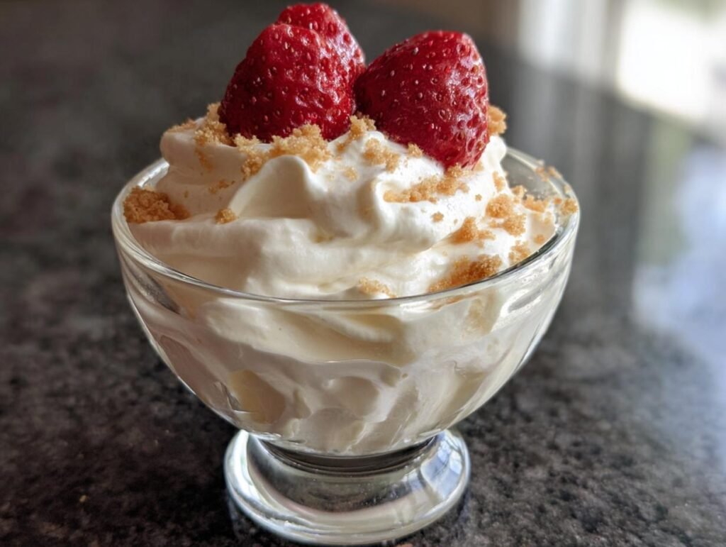 A glass dessert dish filled with Easy Cheesecake Fluff, topped with fresh strawberries and graham cracker crumbs.