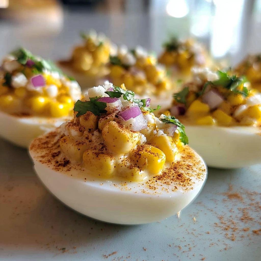 Close-up of Elote Deviled Eggs topped with corn, red onion, cilantro, and spices.