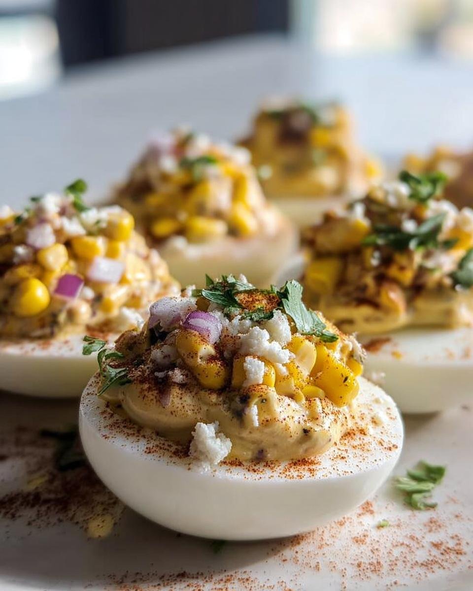 A platter of Elote Deviled Eggs topped with corn, red onion, cotija cheese, and spices.