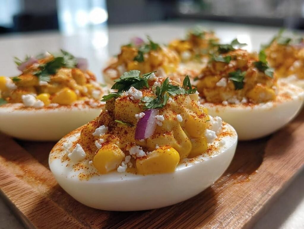 Close-up of Elote Deviled Eggs topped with corn, cheese, chili powder, cilantro, and red onion on a wooden board.