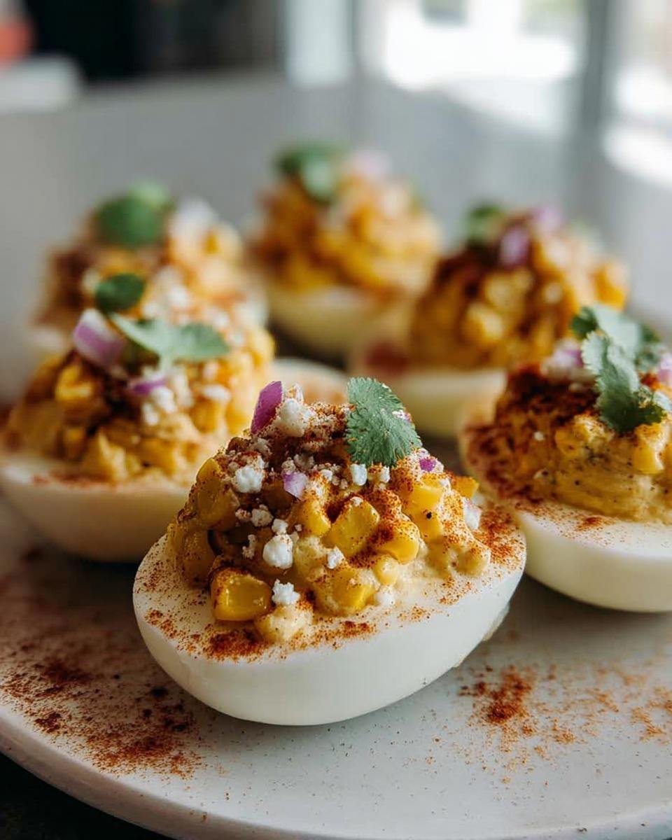 Close-up of Elote Deviled Eggs topped with corn, cheese, red onion, cilantro and chili powder.