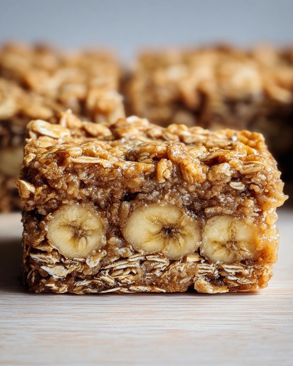 A close-up of an Energizing Banana Oatmeal Bar showing layers of oats and banana slices.
