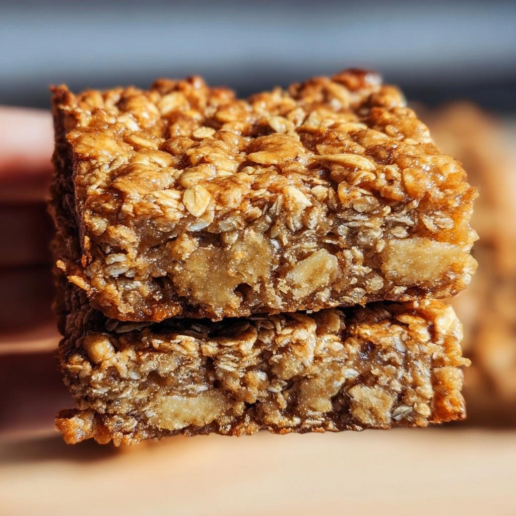 Two stacked Energizing Banana Oatmeal Bars showing oats and banana pieces.