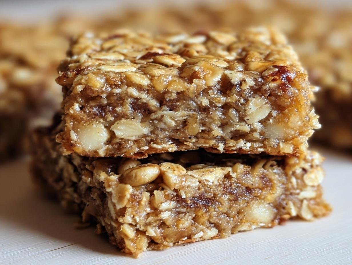 Two stacked Energizing Banana Oatmeal Bars, showcasing the texture of oats and nuts.