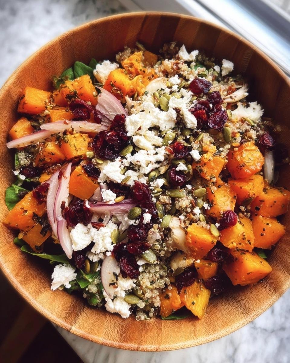 Overhead shot of a vibrant Fall Harvest Salad in a wooden bowl, featuring butternut squash, cranberries, and feta.
