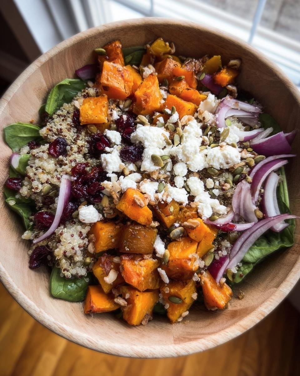 Overhead shot of a vibrant Fall Harvest Salad with roasted butternut squash, quinoa, cranberries, and feta in a wooden bowl.