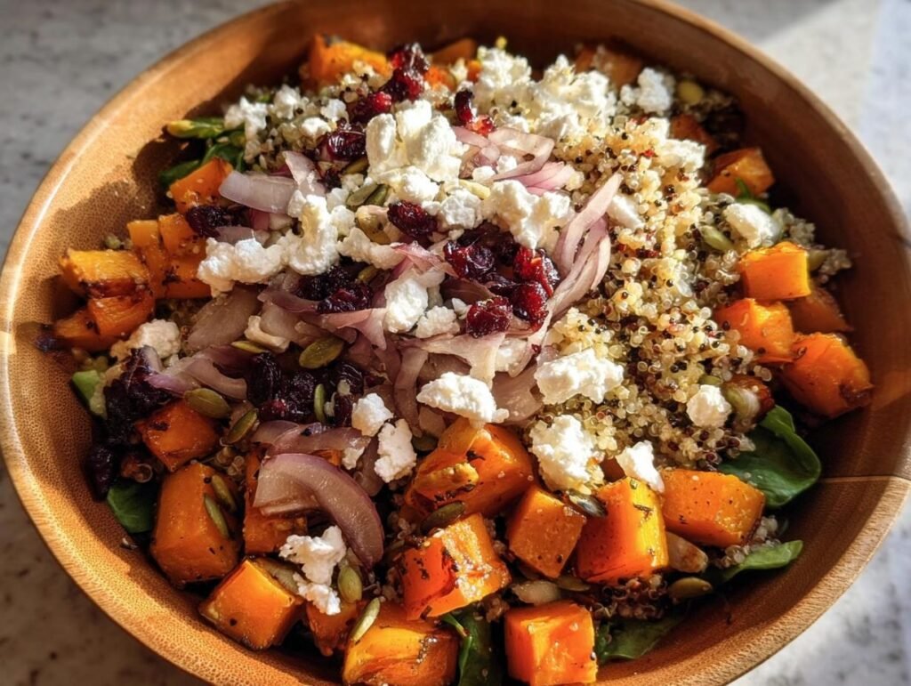 A vibrant Fall Harvest Salad in a wooden bowl, featuring butternut squash, quinoa, cranberries, and goat cheese.