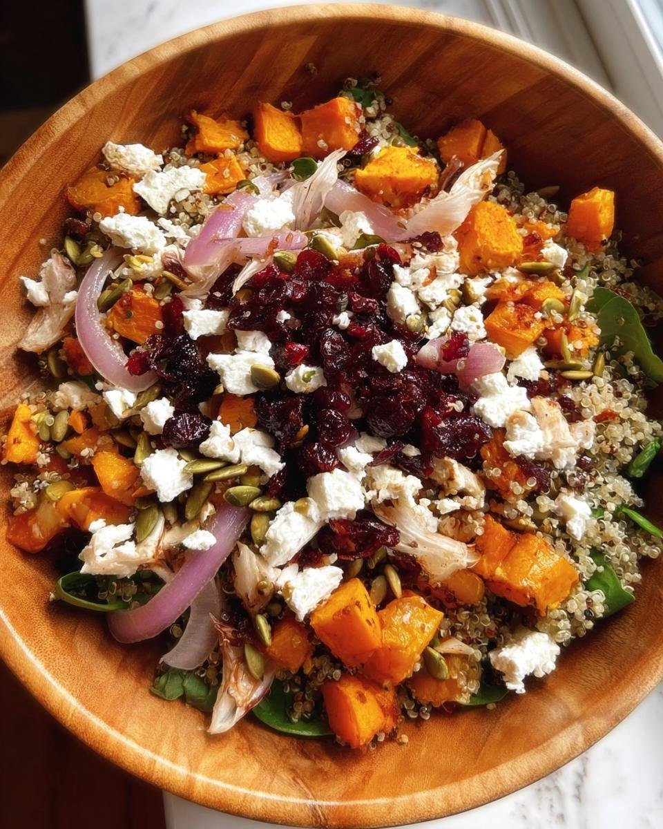 Overhead view of a colorful Fall Harvest Salad in a wooden bowl with squash, cranberries, feta, and quinoa.
