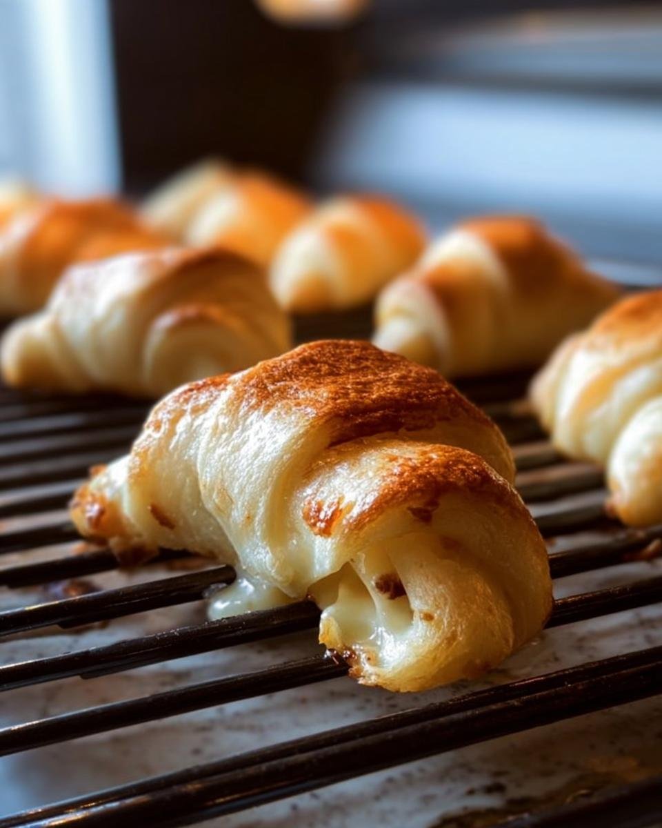 Close-up of freshly baked Crescent Rolls with a Fig and Brie filling on a cooling rack.