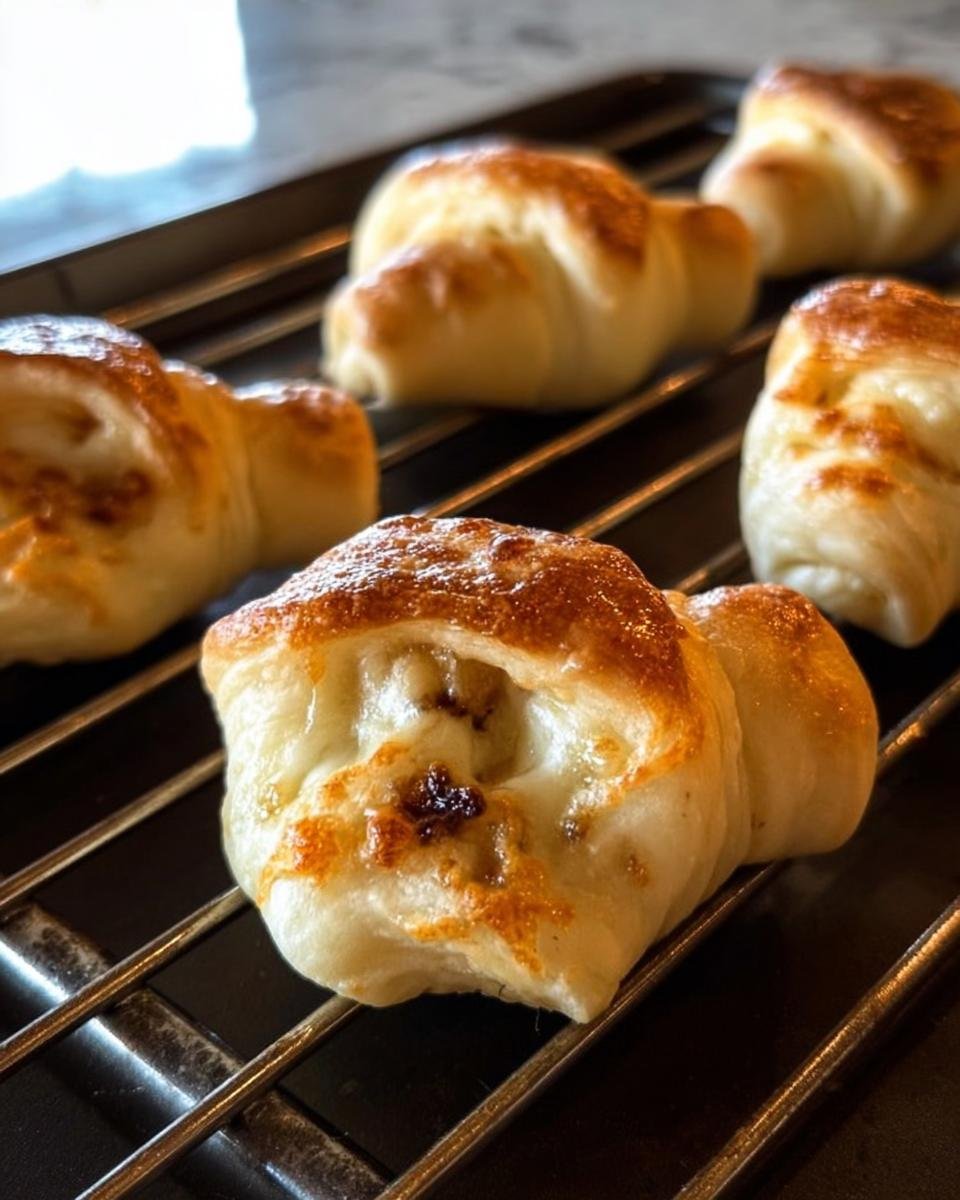 Close-up of freshly baked Crescent Rolls with a Fig and Brie filling on a cooling rack.