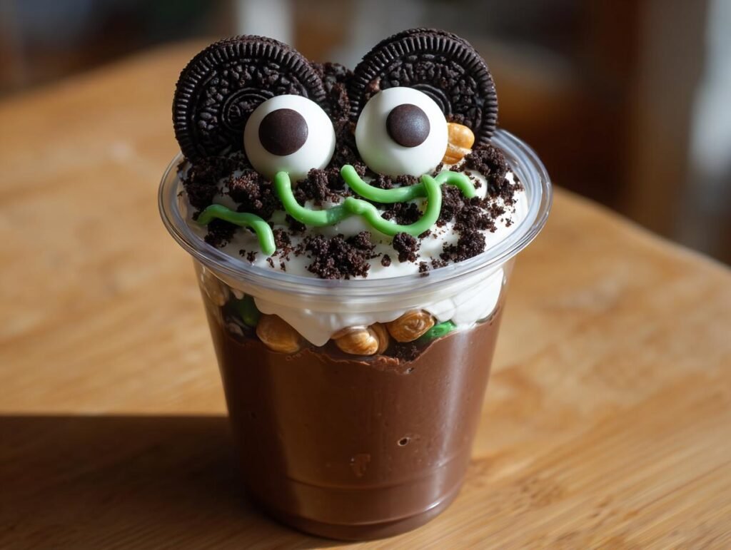 A spooky Frankenstein pudding cup with chocolate pudding, whipped cream, cookie crumbs, and candy eyes.
