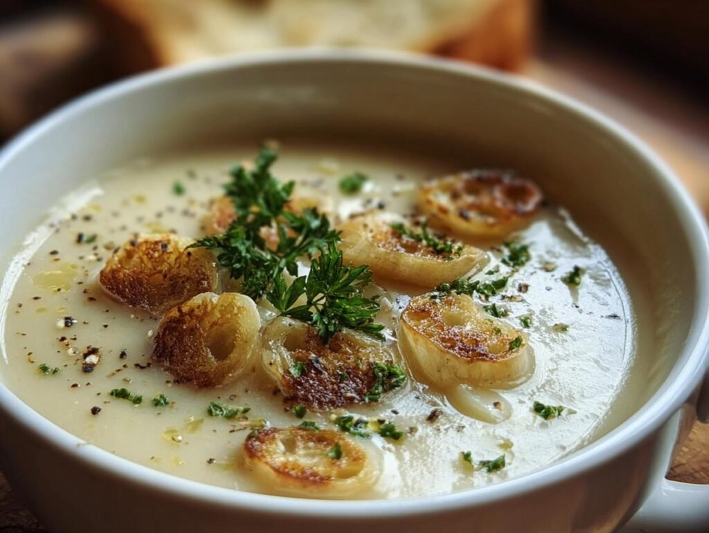 A bowl of Velvety French Garlic Soup, garnished with toasted garlic slices and fresh parsley.