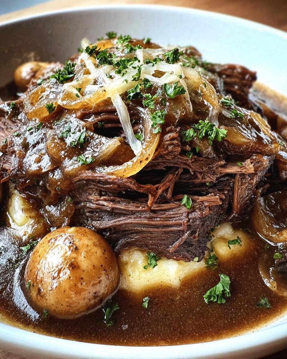 Close-up of French Onion Pot Roast, featuring tender beef, caramelized onions, potatoes, and a rich gravy.