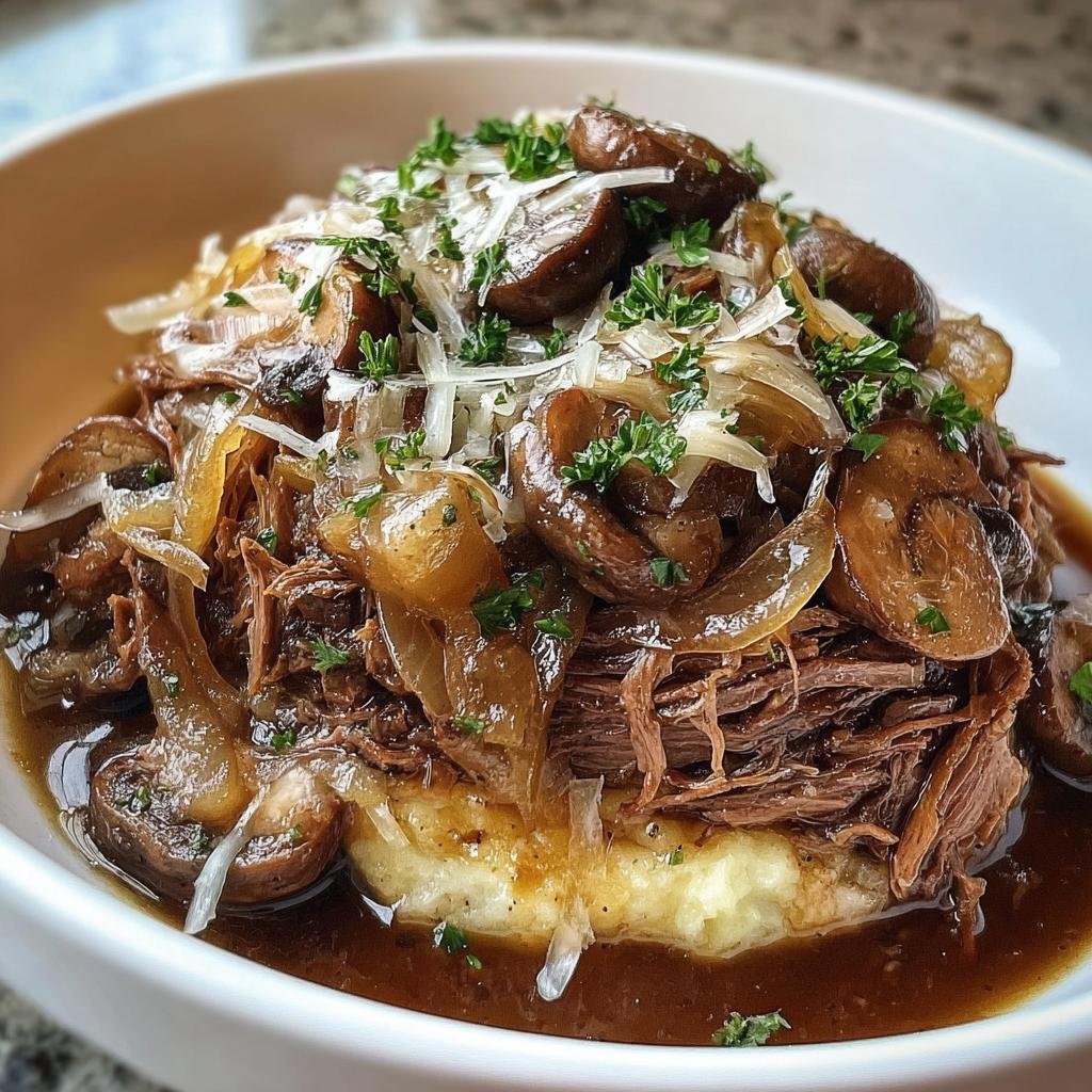 A delicious serving of French Onion Pot Roast with tender beef, mushrooms, onions, and gravy over mashed potatoes.