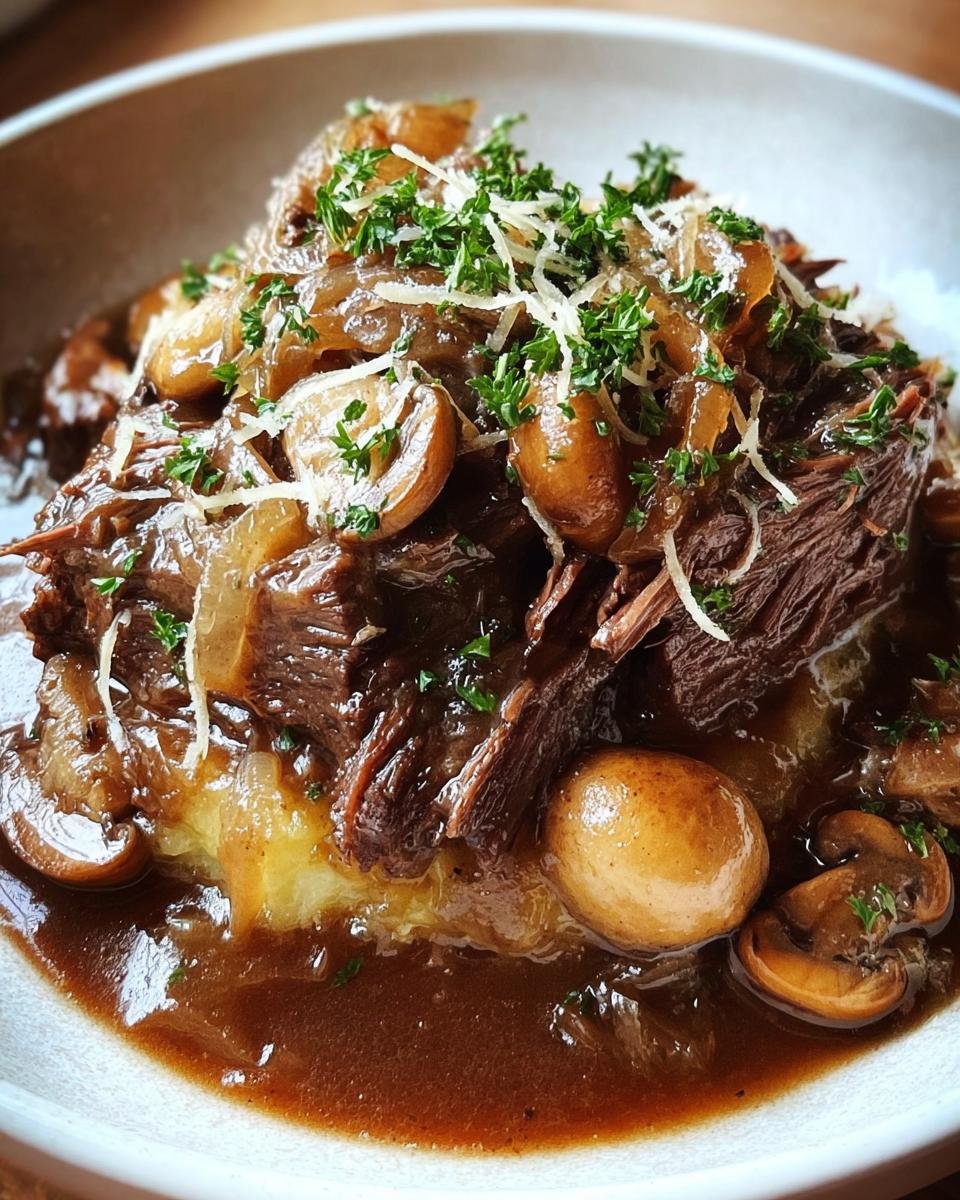 Delicious French Onion Pot Roast served with mushrooms, onions, gravy, and garnished with parsley and cheese.