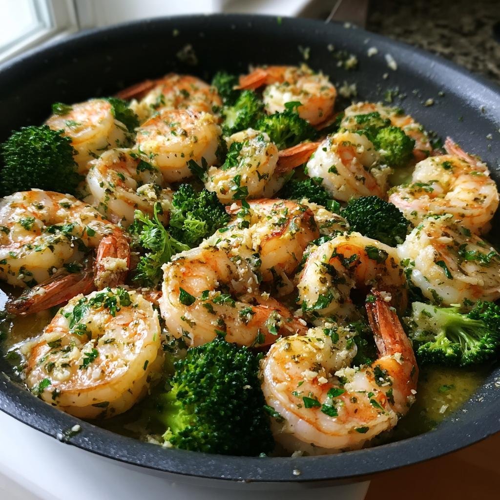 Delicious Garlic Butter Shrimp & Broccoli skillet dish, featuring plump shrimp and vibrant green broccoli.